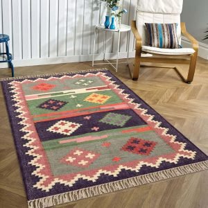 Hand Woven Dark Purple Multicolor Wool Jute Rug