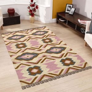 Hand Woven Pink Multicolor Geometric Wool Jute Rug