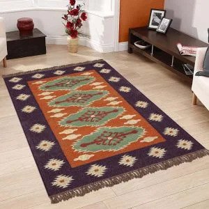 Brown Plum Purple Hand Woven Farm House Wool Jute Rug