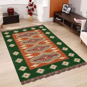 Green Hand Woven Geometric Wool Jute Rug
