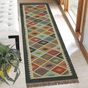 Multicolor Geometric Hand Woven Wool and Jute Rug
