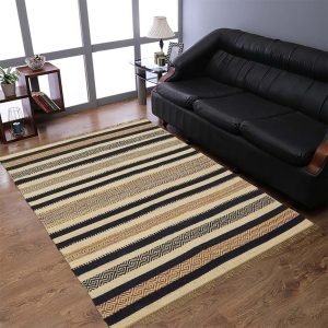 Hand Woven Beige Black Wool Jute Rug