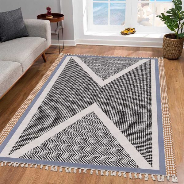 Black Cotton Hand Block Printed Rug - Image 2