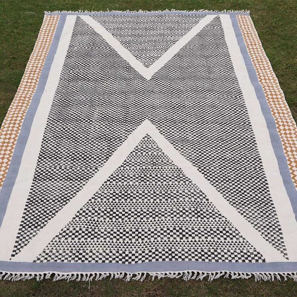 Black Cotton Hand Block Printed Rug - Image 4