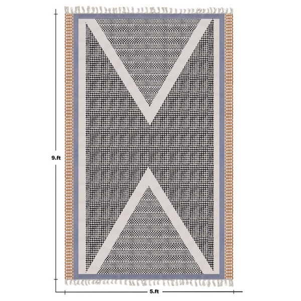 Black Cotton Hand Block Printed Rug - Image 9