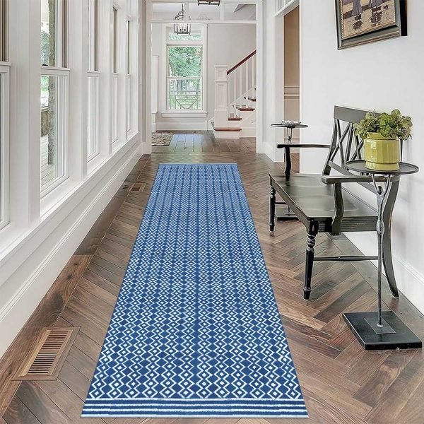 Hand Block Printed Blue White Geometric Rug - Image 2