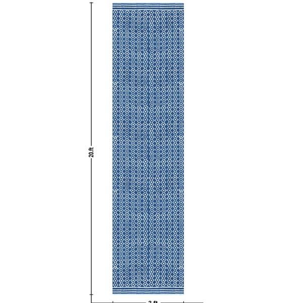 Hand Block Printed Blue White Geometric Rug - Image 5
