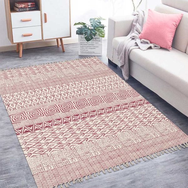 Red Cotton Hand Block Print Geometric Rug - Image 2