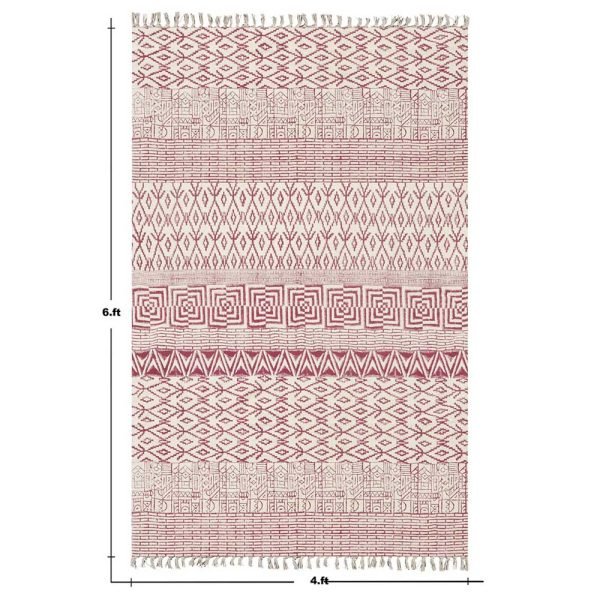 Red Cotton Hand Block Print Geometric Rug - Image 5