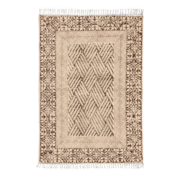 Oriental Beige Cotton Hand Block Print Area Rug