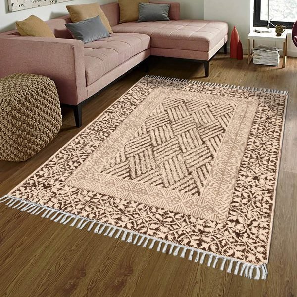 Oriental Beige Cotton Hand Block Print Area Rug - Image 2