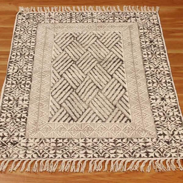 Oriental Beige Cotton Hand Block Print Area Rug - Image 3