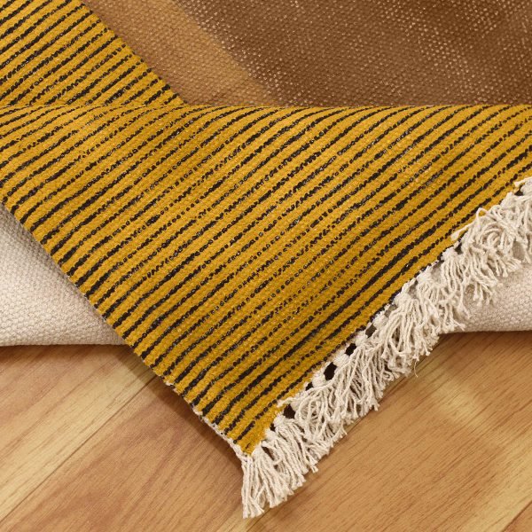 Geometric Yellow Black Cotton Hand Printed Rug - Image 4