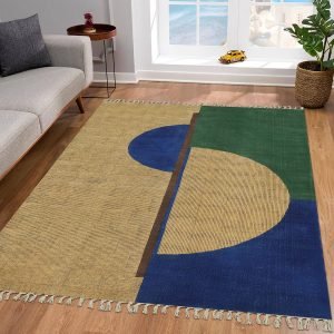 Green Beige Hand Block Printed Area Cotton Rug