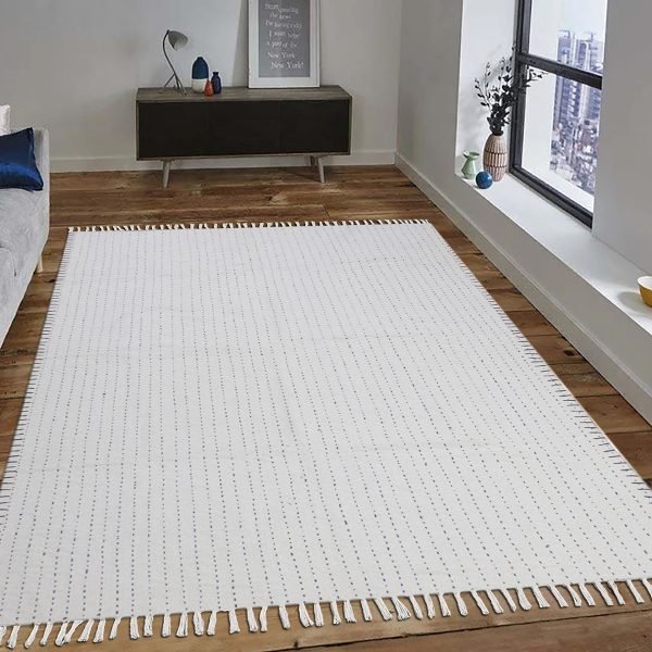 Geometric Cotton Beige Kantha Worked Rug - Image 2