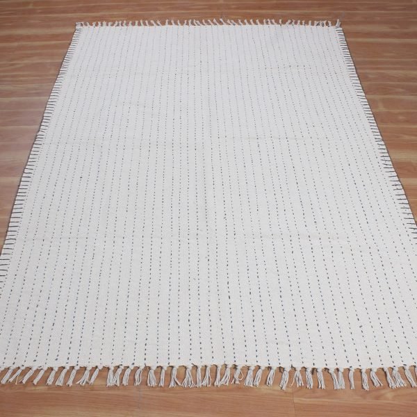 Geometric Cotton Beige Kantha Worked Rug - Image 3