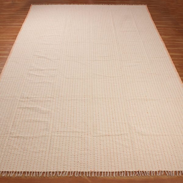 Geometric Beige Orange Kantha Cotton Rug - Image 3