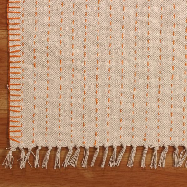 Geometric Beige Orange Kantha Cotton Rug - Image 4