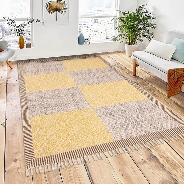 Yellow Hand Block Printed Cotton Rug - Image 2