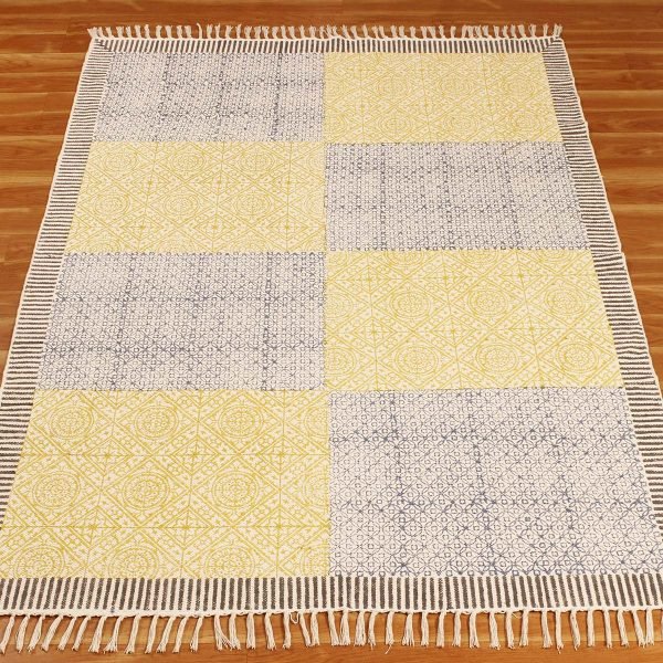 Yellow Hand Block Printed Cotton Rug - Image 3