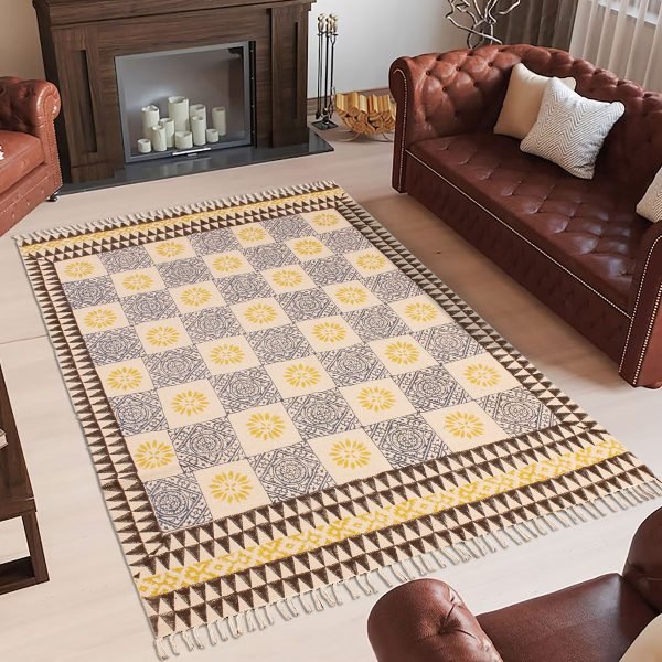 Yellow Cotton Hand Block Printed Beautiful Rug - Image 2