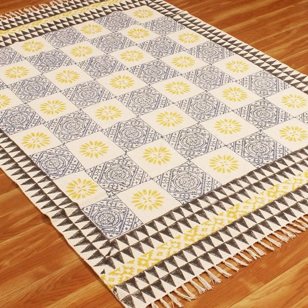 Yellow Cotton Hand Block Printed Beautiful Rug - Image 3