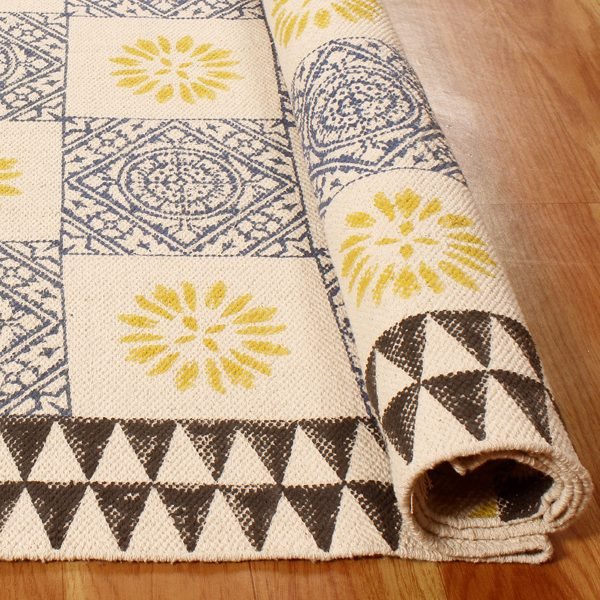 Yellow Cotton Hand Block Printed Beautiful Rug - Image 4