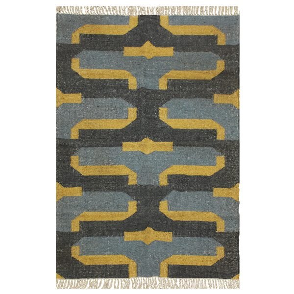 Hand Woven Black Geometric Wool Jute Rug