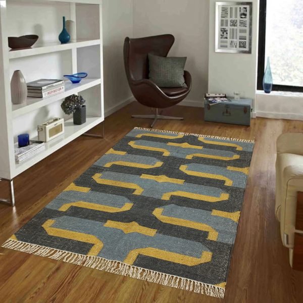 Hand Woven Black Geometric Wool Jute Rug - Image 2