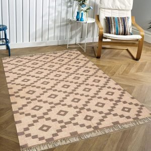 Beige Hand Woven Geometric Wool Jute Rug