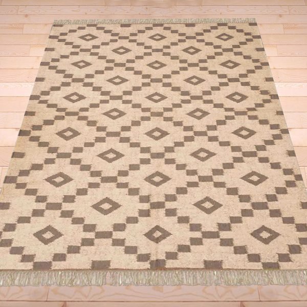 Beige Hand Woven Geometric Wool Jute Rug - Image 3