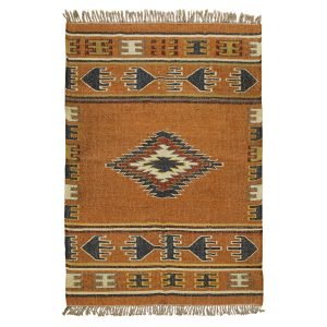 Orange Hand Woven Geometric Wool Jute Rug