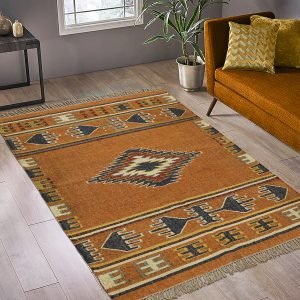 Orange Hand Woven Geometric Wool Jute Rug