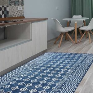 Hand Block Printed Blue Cotton Area Rug