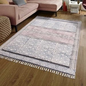Hand Block Printed Brown Cotton Area Rug