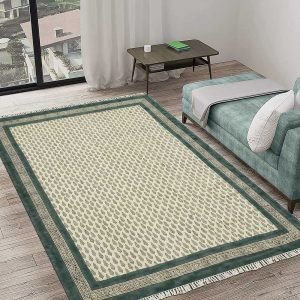 Hand Block Printed Green Cotton Area Rug