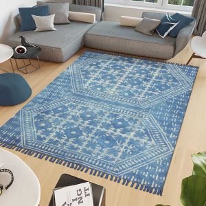 Cotton Area Rug Hand Block Printed Blue Dhurrie