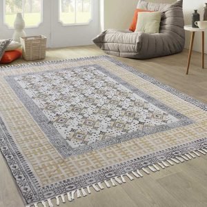 Hand Block Printed Brown Cotton Area Rug