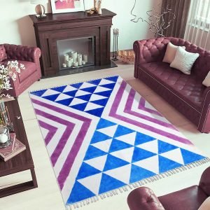 Blue & Pink Hand Block Printed Cotton Area Rug