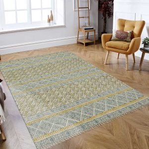 Green Geometric Traditional Cotton Rug