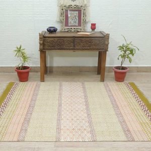 Indian Hand Block Printed Green Geometric Area Rug