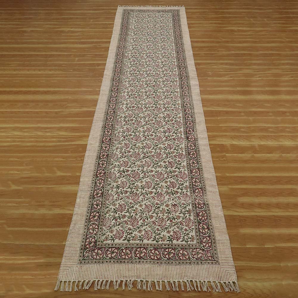 Lobby Area Rug Block Printed Green Cotton Dhurrie - Image 4