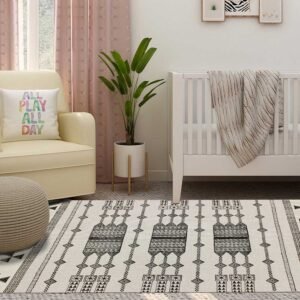 Beige Moroccan Hand Block Printed Cotton Rug