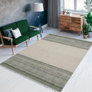 Green Hand Block Printed Geometric Cotton Rug