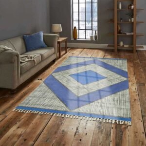 Blue Hand Block Printed Geometric Cotton Rug