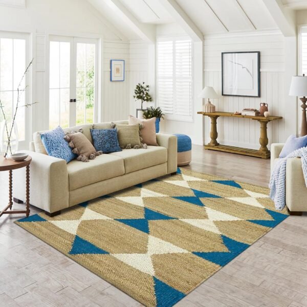 Handmade Beautiful Blue Geometric Jute Rug - Image 2