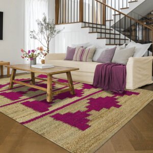 Natural Jute Rug Hand Woven in Pink and Beige Tones