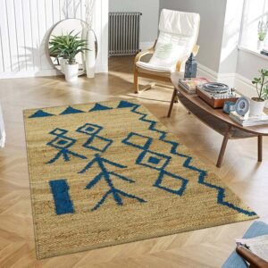 Blue and Beige Jute Modern House Warm Rug