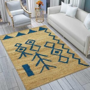 Blue and Beige Jute Modern House Warm Rug