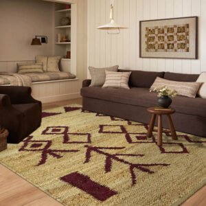 Modern Beige Maroon Hand Woven Jute Rug